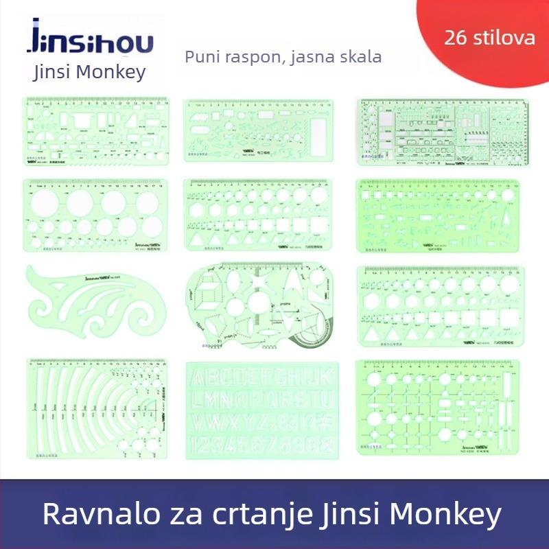 Golden Monkey Šablone za crtanje – 26 različitih uzoraka u kružnim, ovalnim i kvadratnim oblicima, višefunkcionalna ravnalo-crtačka