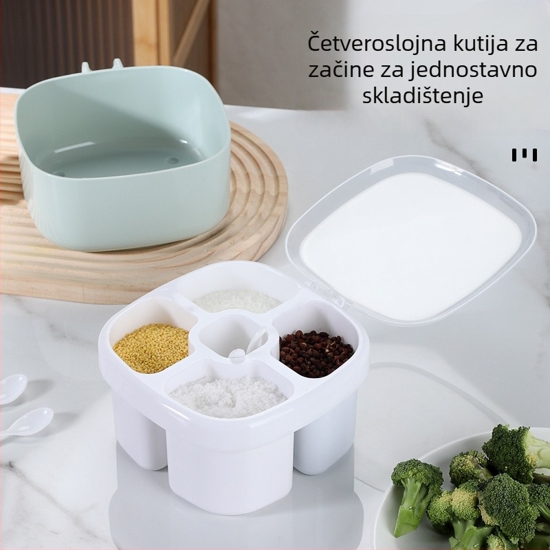 Kutija za začine sa četiri odjeljka i poklopcem – plastika, za čvrste začine, moderni minimalistički dizajn