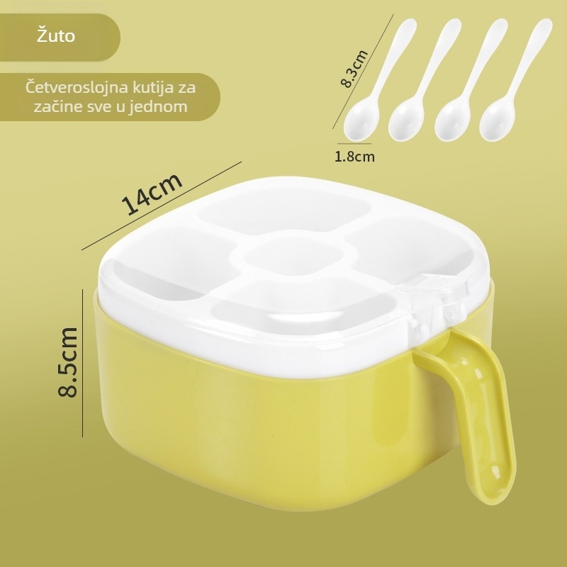 Kutija za začine sa četiri odjeljka i poklopcem – plastika, za čvrste začine, moderni minimalistički dizajn