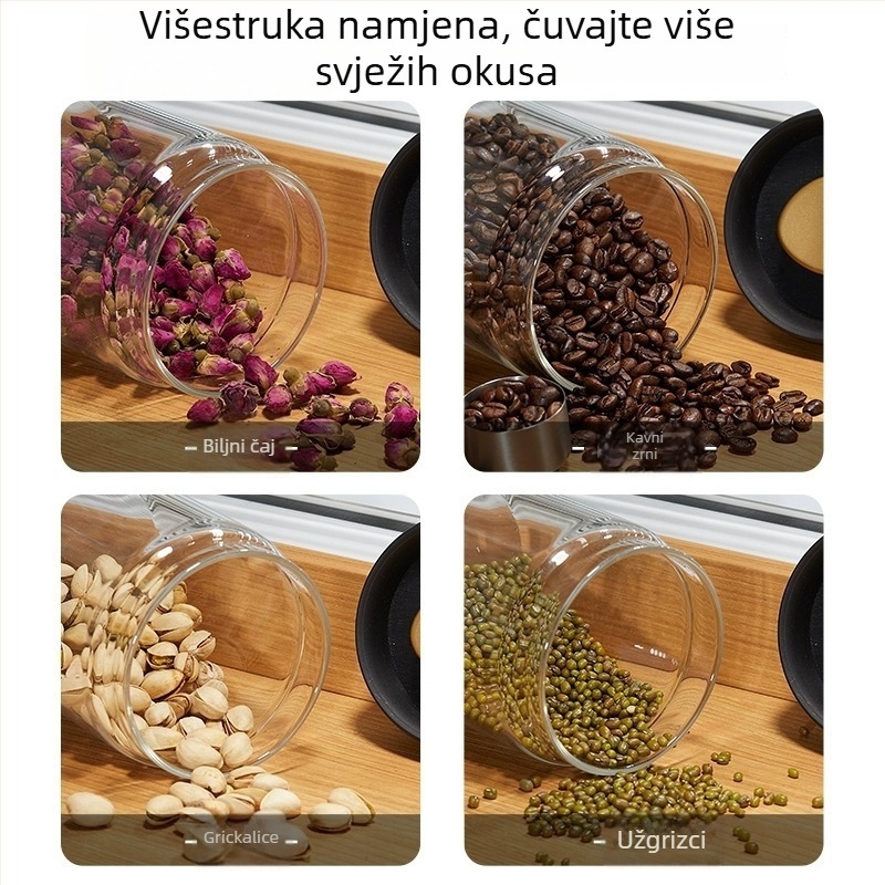 Staklena posuda za pohranu s pritisknim poklopcem — otporna na vlagu, za mlijeko u prahu, čaj i zrna kave; 501–800 ml, cilindričnog oblika, borosilikatno staklo, mikrovalna kompatibilna