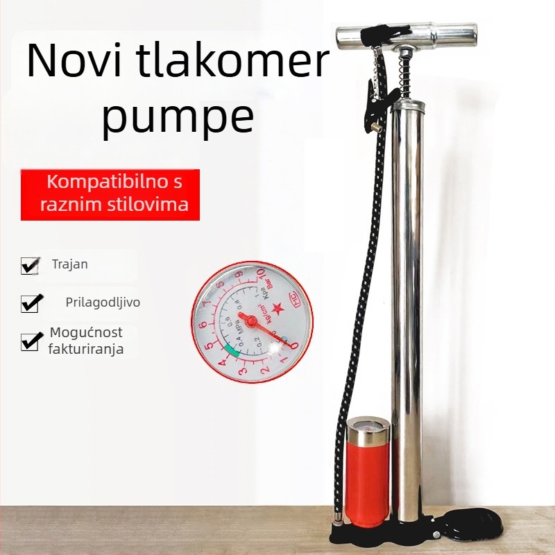 Sepas vintage ručna pumpa od nehrđajućeg čelika s manometrom za bicikl — tijelo od željeza, 0.8 kg