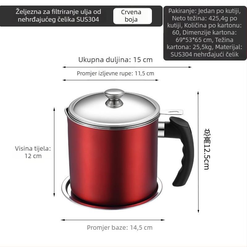 Nerđajući čelični lonac za ulje sa filter mrežicom i filtrskom šalicom