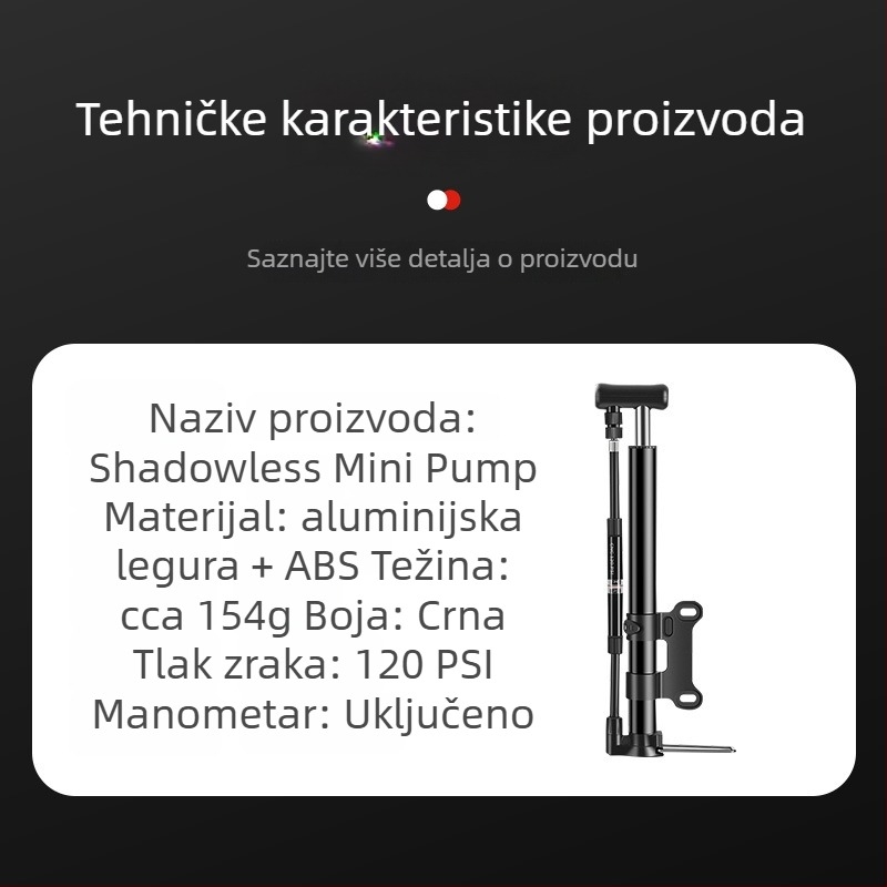 Ručno prijenosna pumpa za bicikl s manometrom, aluminijsko kućište, mini veličina, visok tlak do 120 psi
