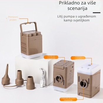 Bežična električna pumpa za zrak – dvostruka upotreba za šator, kauč i kamp madrace; <80W, Jednoci cilindar, Rasvjeta i USB punjenje, Radno vrijeme 5–20 minuta