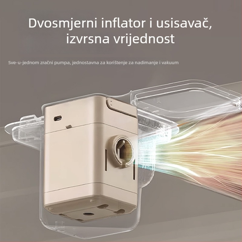 Bežična električna pumpa za zrak – dvostruka upotreba za šator, kauč i kamp madrace; <80W, Jednoci cilindar, Rasvjeta i USB punjenje, Radno vrijeme 5–20 minuta