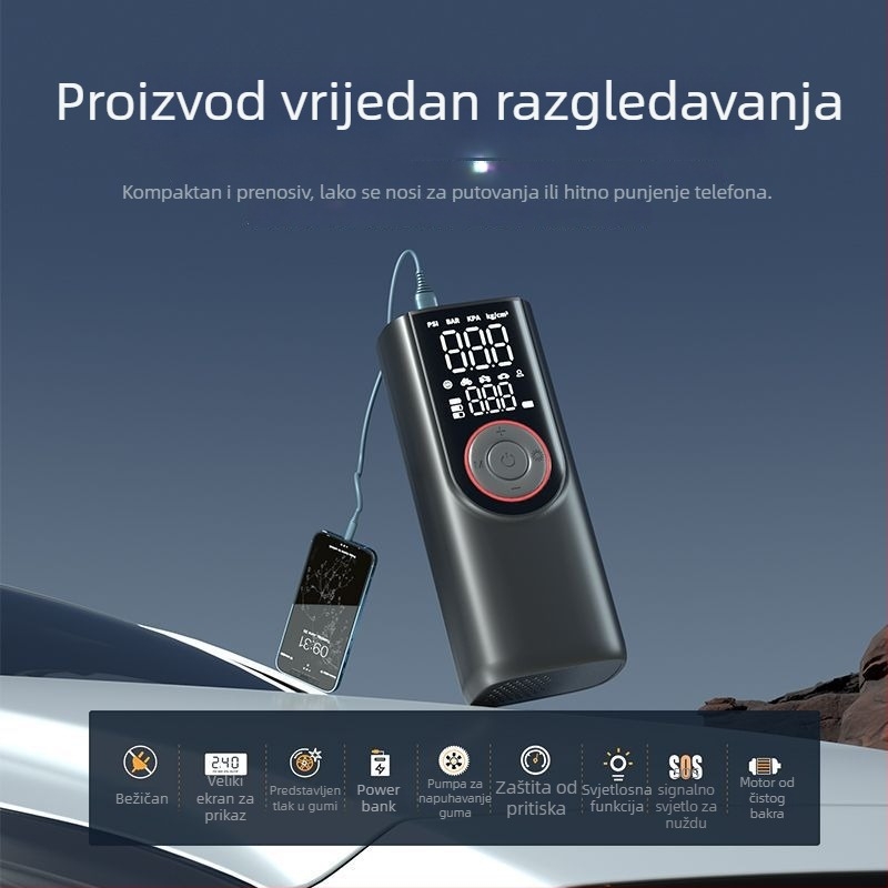 Prijenosna mini električna pumpa za gume za auto i bicikl, 12V DC, 80W, 6A, 35 L/min, digitalni zaslon