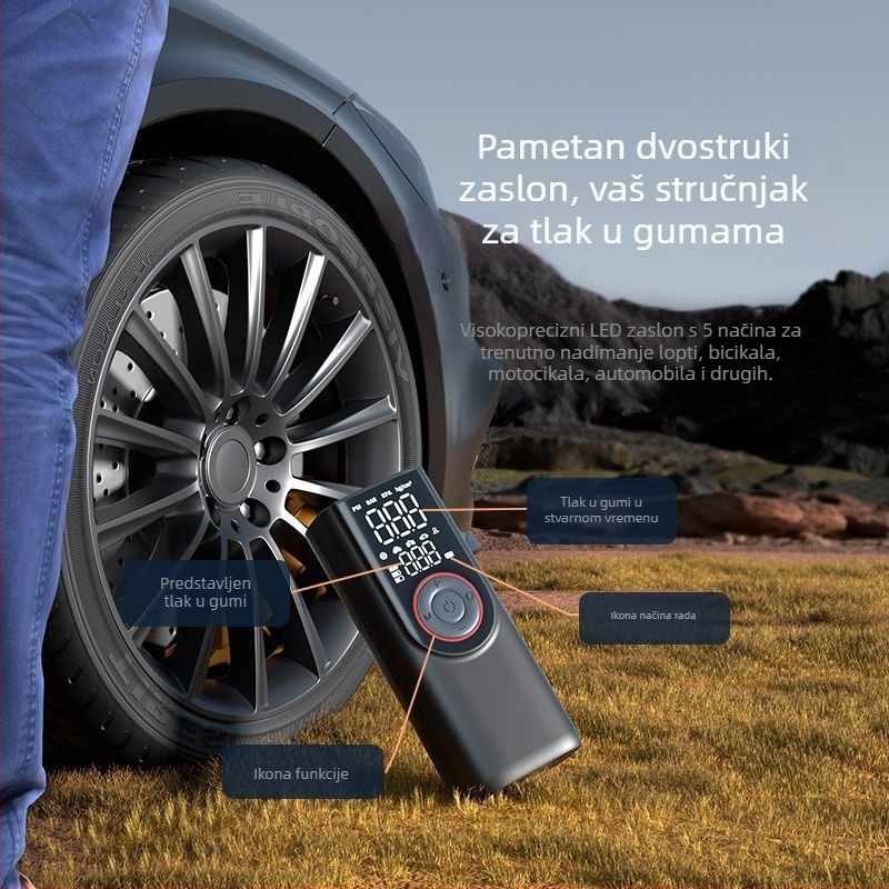 Prijenosna mini električna pumpa za gume za auto i bicikl, 12V DC, 80W, 6A, 35 L/min, digitalni zaslon