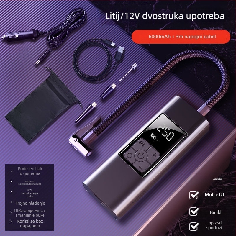 Prenosna auto pumpa za zrak s digitalnim zaslonom, mjerač tlaka u gumama, USB punjenje, 80W, 12/11.1V