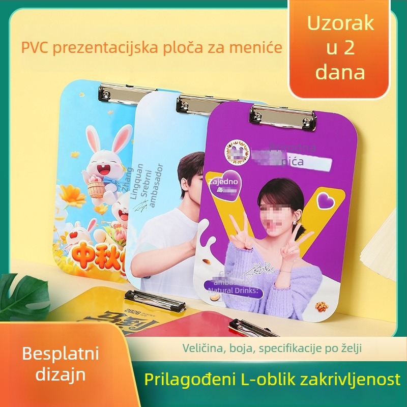 PVC klip za jelovnik restorana s podlogom za pisanje — čvrsti jednostruki klip, prilagodljiva širina hvataljke i debljina ploče, tiskanje logotipa dostupno