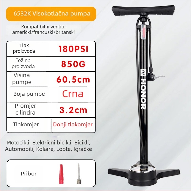 Ručna prijenosna visokotlačna pumpa za cestovni bicikl s univerzalnim manometrom, 180 psi, tijelo od željeza, model 6532K, duljina 605 mm