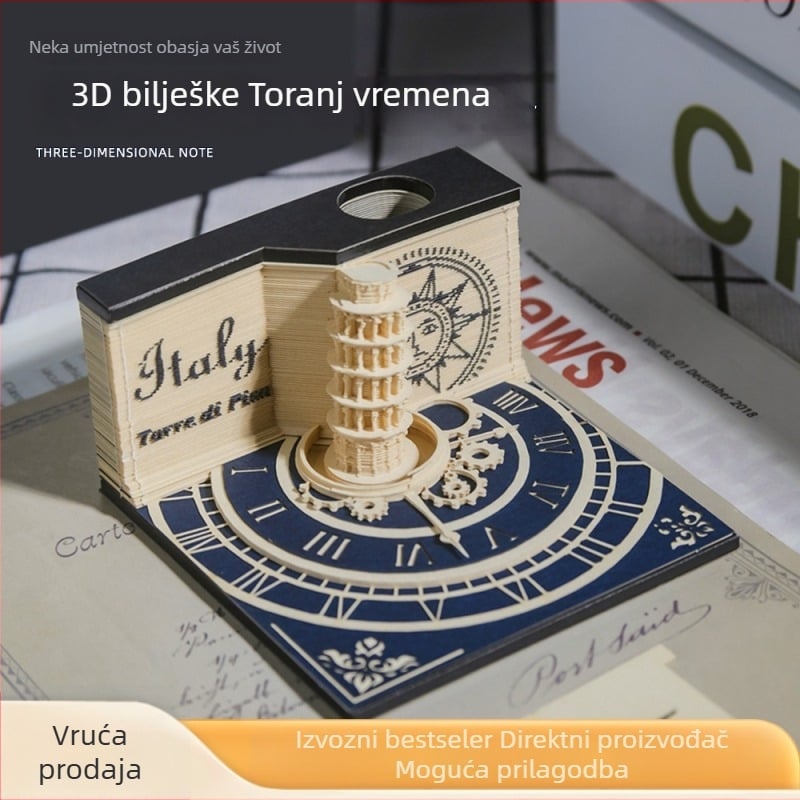 3D papirnati kalendar s Piznim tornjem i bilježnicom – stolni dekorativni predmet; materijal: posebni papir; tehnika: 3D izrezivanje papira; pakiranje: prozirna akrilna kutija