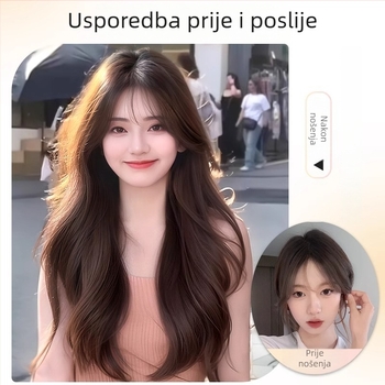 Duga kovrčava perika u korejskom stilu sa šišastim bangs-om, puna pokrivena glava, velike valovi, konstrukcija od proteinske žice