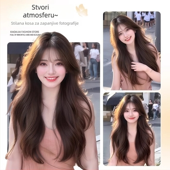 Duga kovrčava perika u korejskom stilu sa šišastim bangs-om, puna pokrivena glava, velike valovi, konstrukcija od proteinske žice