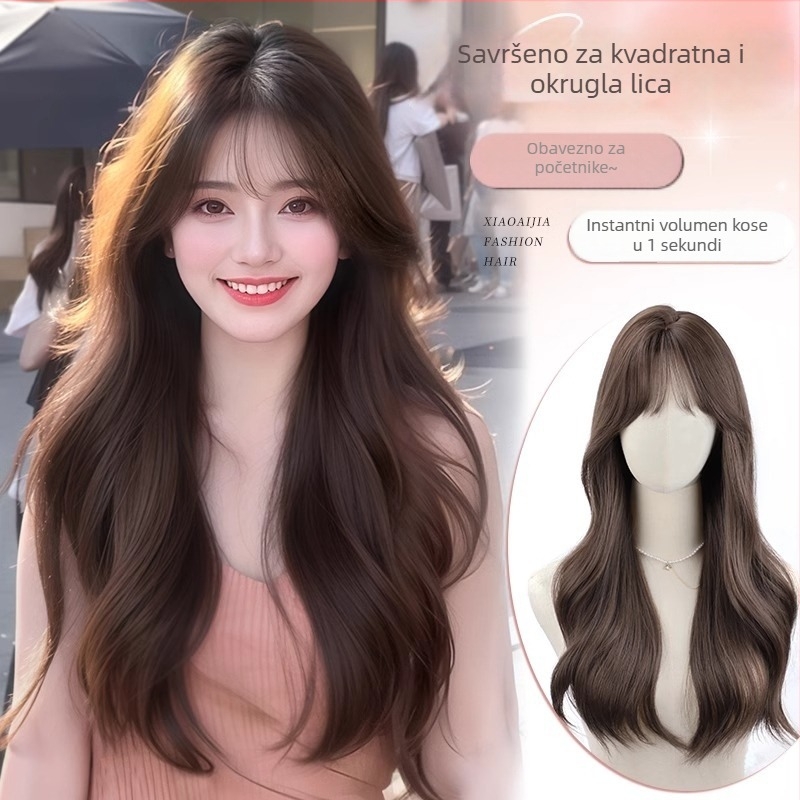 Duga kovrčava perika u korejskom stilu sa šišastim bangs-om, puna pokrivena glava, velike valovi, konstrukcija od proteinske žice