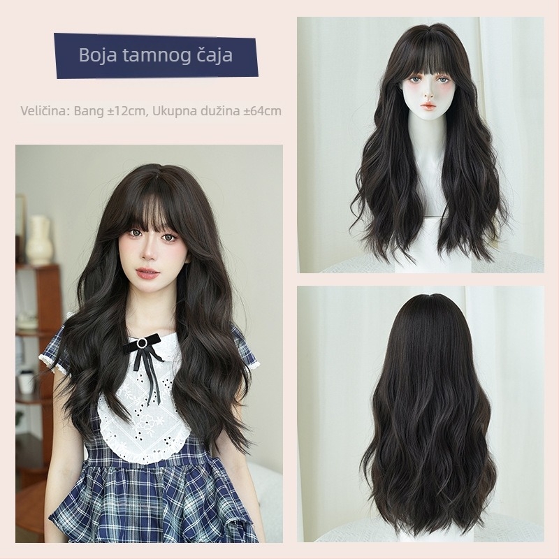 Duga kovrčava perika s punim pokrivanjem glave, vlakna otporna na visoke temperature, korejski stil, kosim šiškama