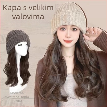 Duga kovrčava perika s termičkim vlaknima, kapa s okruglim logom, prirodni stil, za dame