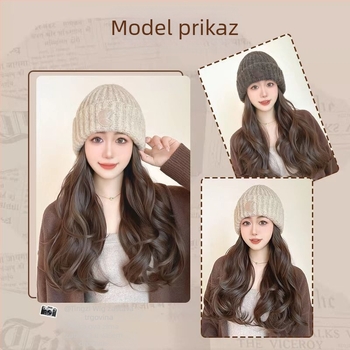 Duga kovrčava perika s termičkim vlaknima, kapa s okruglim logom, prirodni stil, za dame