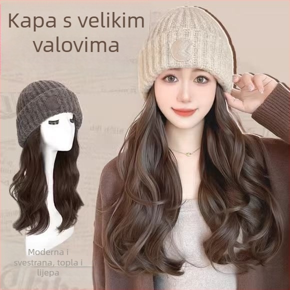 Duga kovrčava perika s termičkim vlaknima, kapa s okruglim logom, prirodni stil, za dame