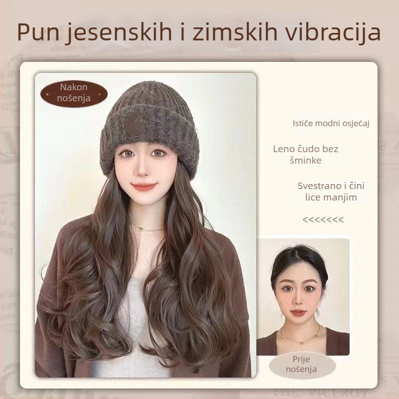 Duga kovrčava perika s termičkim vlaknima, kapa s okruglim logom, prirodni stil, za dame