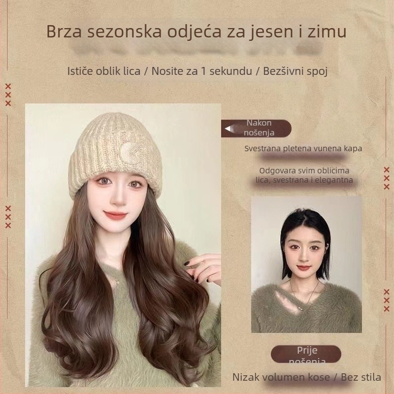 Duga kovrčava perika s termičkim vlaknima, kapa s okruglim logom, prirodni stil, za dame