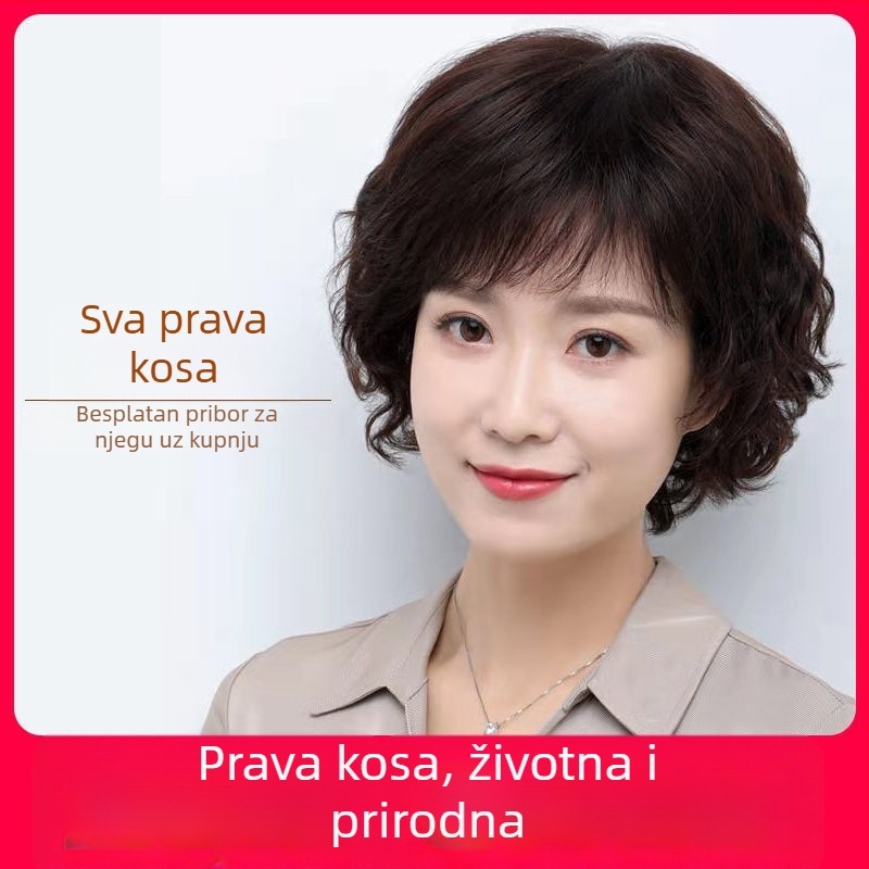 Perika za žene s kratkom kosom, stil majke, prozračna i lagana, puna perika za cijelu glavu od pravih vlasi, kovrče za prekrivanje sijedih vlasi