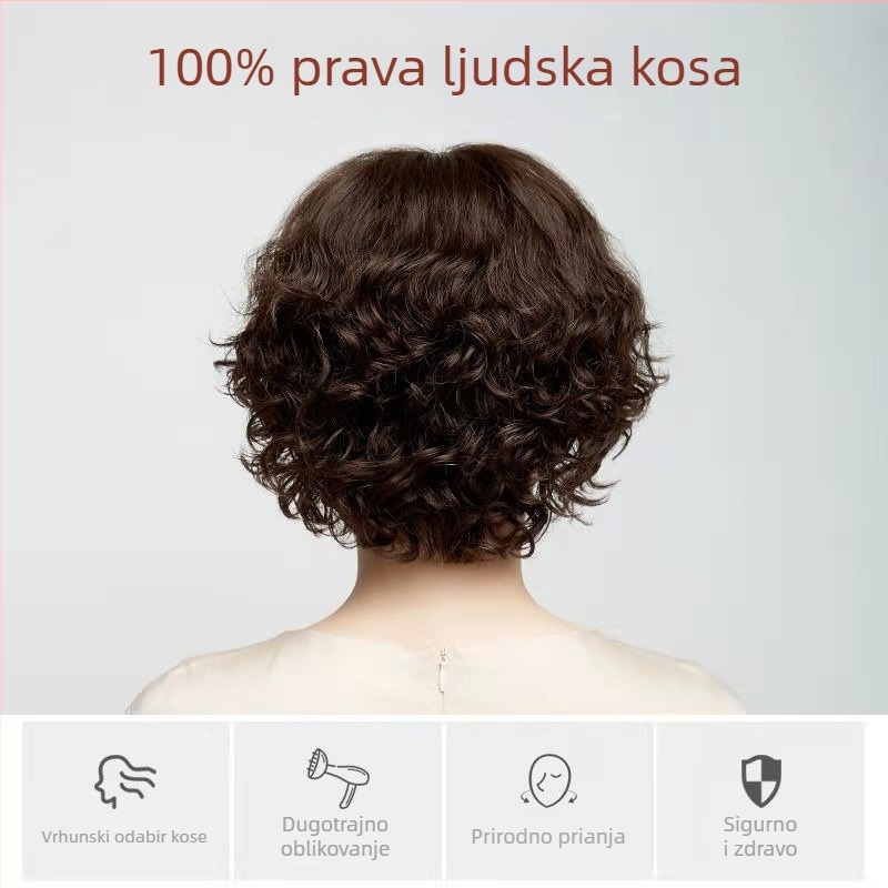 Perika za žene s kratkom kosom, stil majke, prozračna i lagana, puna perika za cijelu glavu od pravih vlasi, kovrče za prekrivanje sijedih vlasi