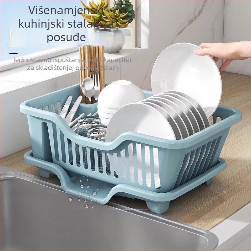 Plastični držač za posuđe s odvodom vode na kuhinjskom pultu — višestruka primjena, moderni minimalistički stil, za posuđe i pribor