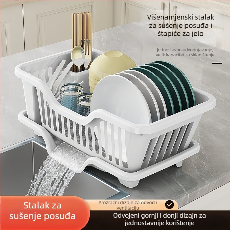 Plastični držač za posuđe s odvodom vode na kuhinjskom pultu — višestruka primjena, moderni minimalistički stil, za posuđe i pribor