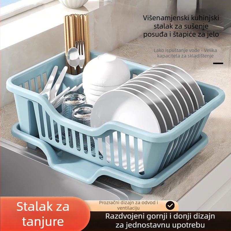 Plastični držač za posuđe s odvodom vode na kuhinjskom pultu — višestruka primjena, moderni minimalistički stil, za posuđe i pribor