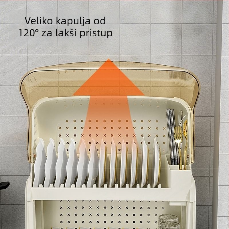 Plastični dvostruki stalak za zdjele s poklopcem, otporan na prašinu i s odvodom, u modernom minimalističkom stilu