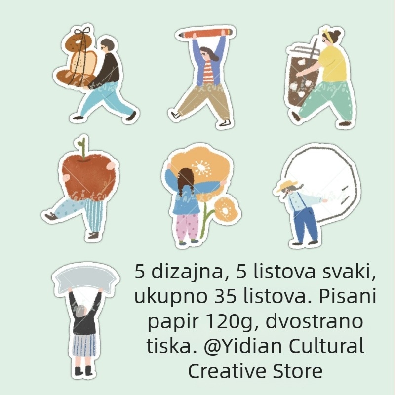 Crtić naljepnice bilješke s nepravilnim oblicima i malim likovima koji drže predmete, bilješke u obliku drveta i kvadrata za dnevnik