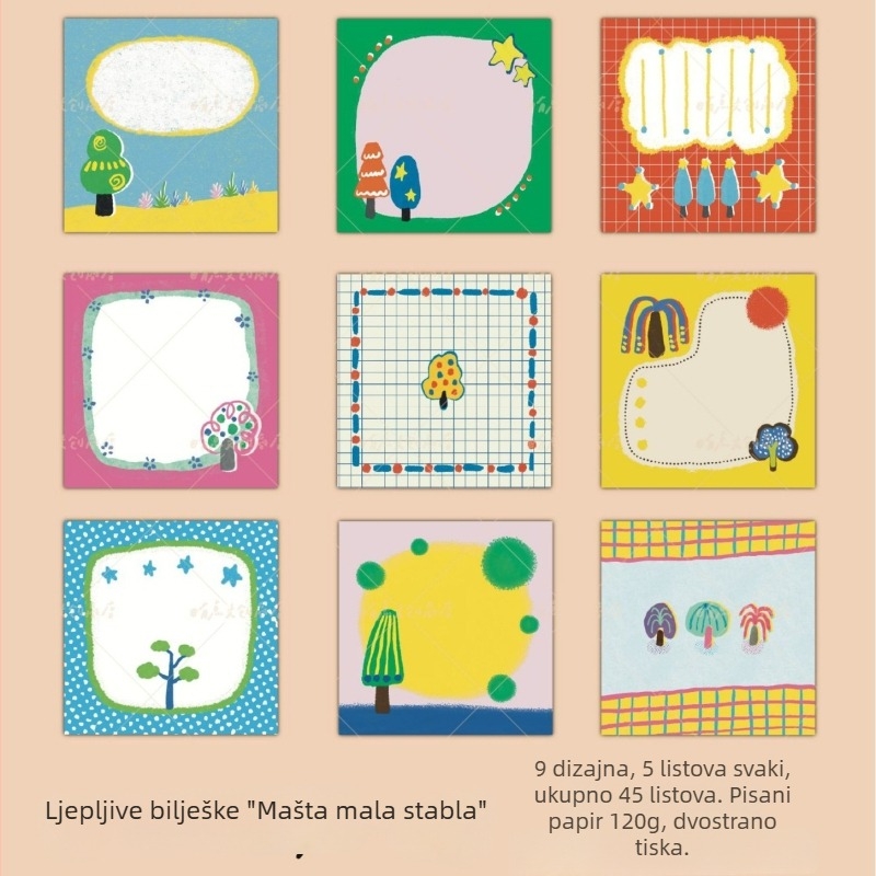 Crtić naljepnice bilješke s nepravilnim oblicima i malim likovima koji drže predmete, bilješke u obliku drveta i kvadrata za dnevnik