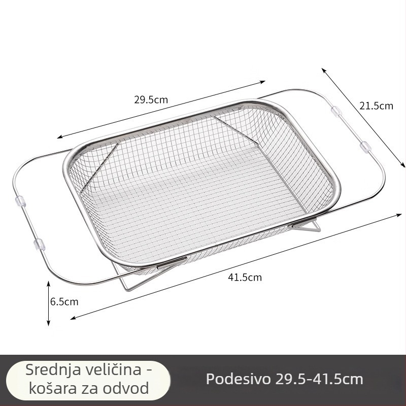 Kovinski odvodni koš od nehrđajućega čelika, teleskopski držač za odvodnju posuđa i pribora