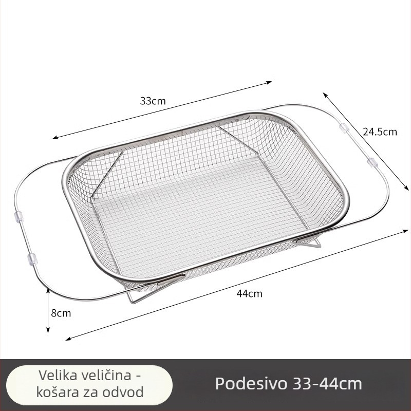 Kovinski odvodni koš od nehrđajućega čelika, teleskopski držač za odvodnju posuđa i pribora