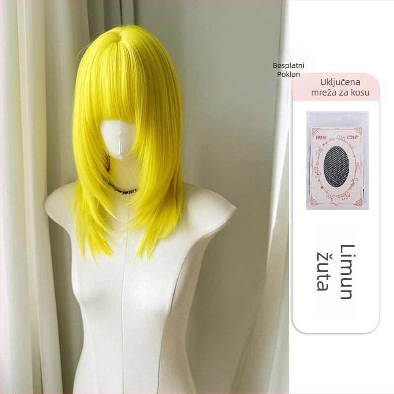 Perika Lolita u japanskom stilu, lemon žuta, igračka i slatka cosplay, srednje duga kosa, komplet set perike, vlakna otporna na visoke temperature
