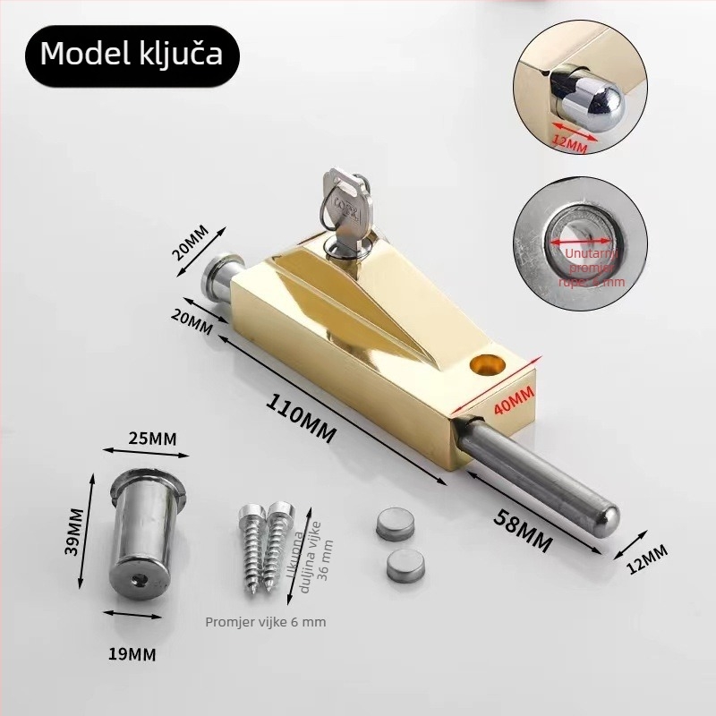 Podnožno zaključavanje staklenih vrata od aluminijske legure, podnošni opružni čep, okvir rotirajućih vrata, protiv krađe, tip s jednim ključem