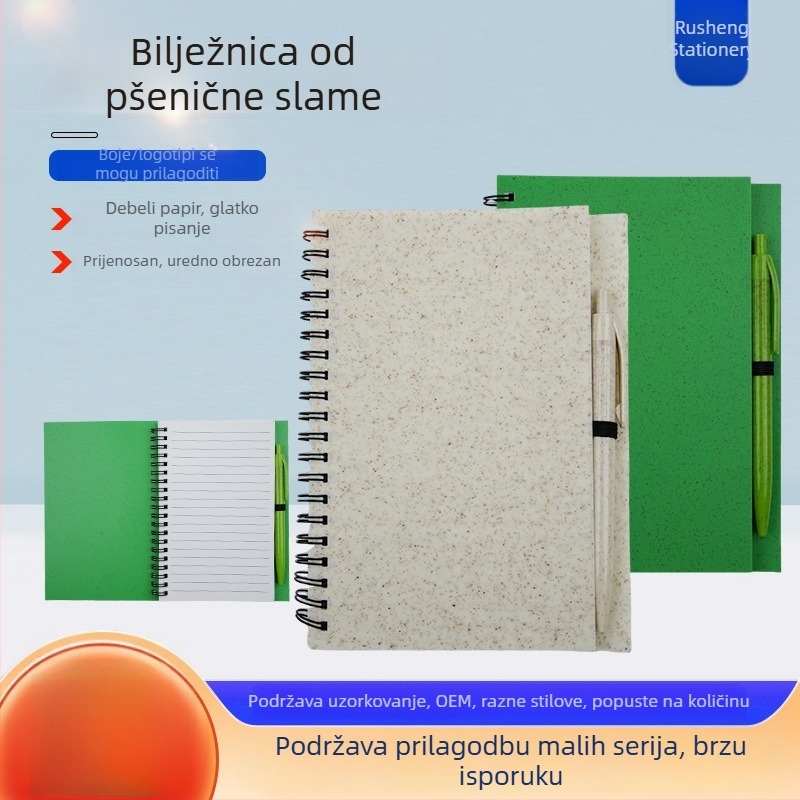 Bilježnica sa spiralnim uvezom i olovkom, bilježnica od pšenične slame, studentska bilježnica, moguć otisak logotipa, kompaktna mala bilježnica s olovkom