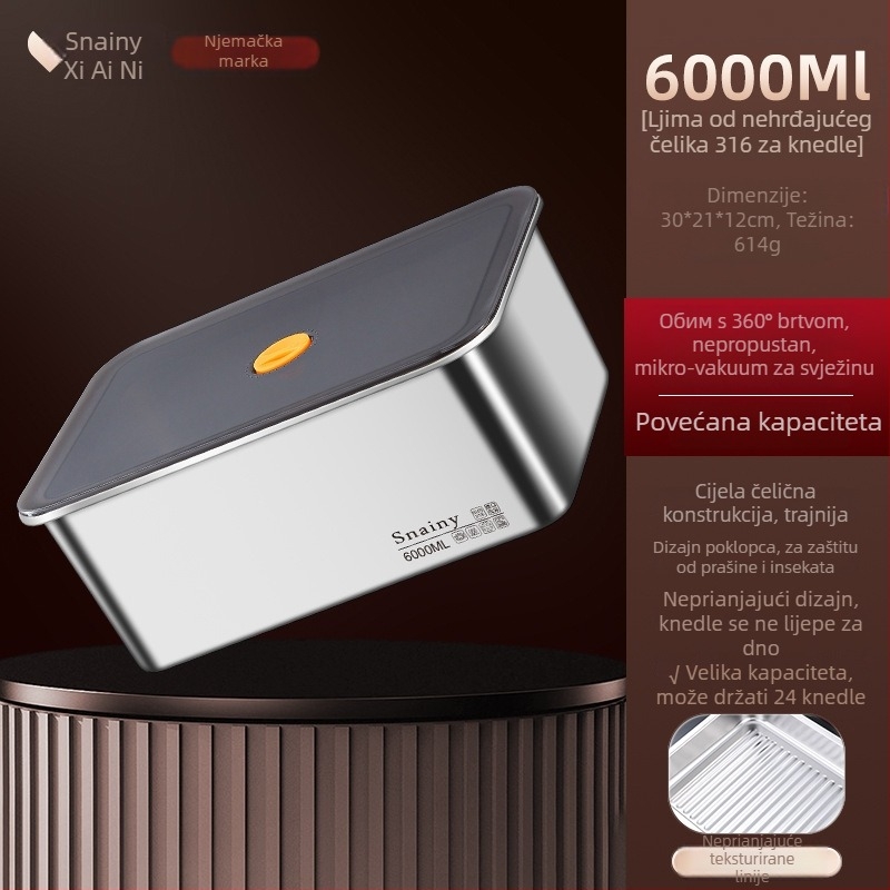 Kutija od nehrđajućeg čelika 304 za knedle, s poklopcem, kvadratna, kapacitet 2.1–3 L