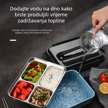 Kutija za obrok od nehrđajućeg čelika 304, izolirana, s tri, četiri ili pet pretinaca, kvadratnog oblika, sa kopčom i držačem