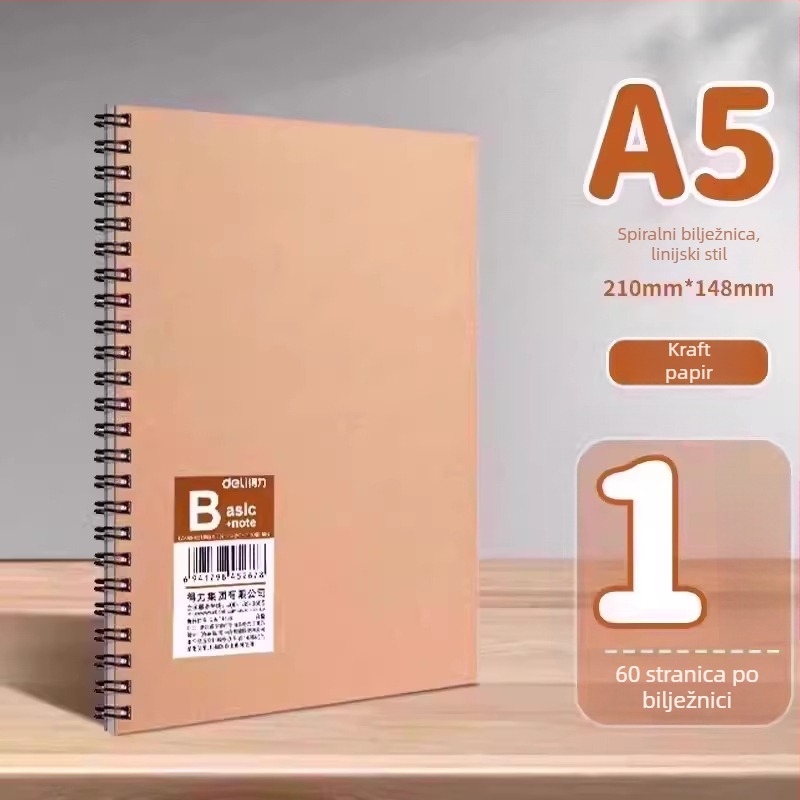 Deli LA560 spiralni bilježnica s kraft omotom, model LA560-06, 60 stranica, papir 70 g/m²