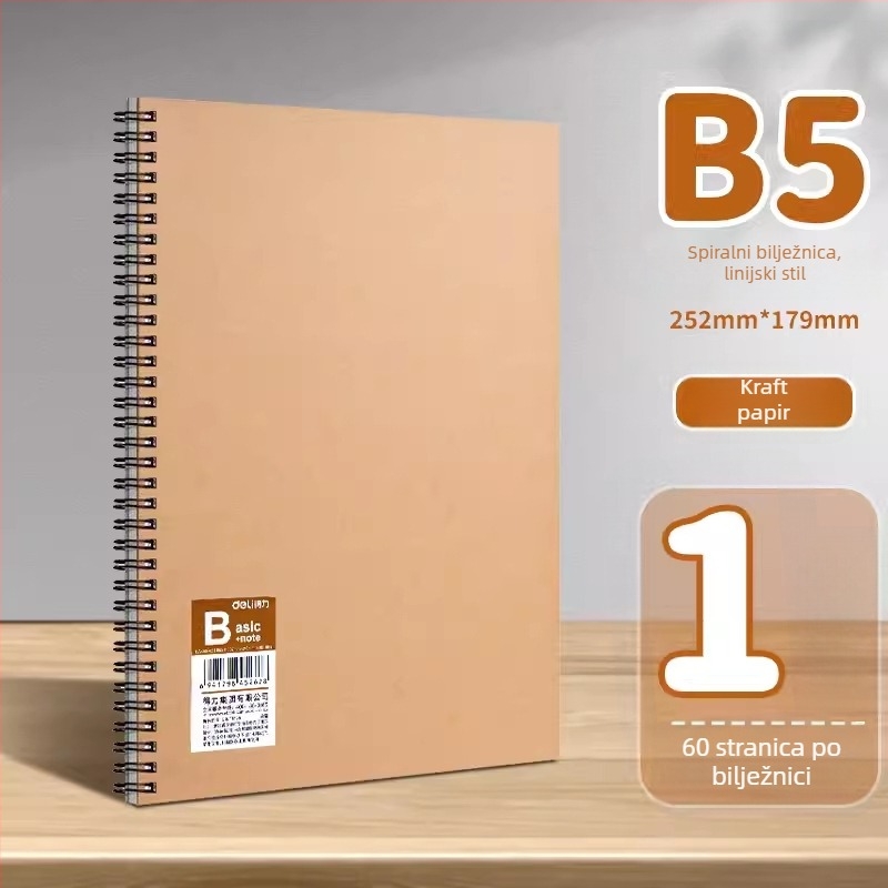 Deli LA560 spiralni bilježnica s kraft omotom, model LA560-06, 60 stranica, papir 70 g/m²