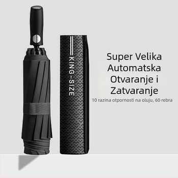 Obrnuti sklopivi kišobran s 280T tkaninom, potpuno automatsko otvaranje i zatvaranje, okvir s 10 rebara od vlakna, radijus 55–61 cm, UV zaštita UPF30+, dvostruko debeli omotač, muški poslovni kišobran