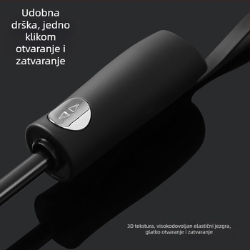 Obrnuti sklopivi kišobran s 280T tkaninom, potpuno automatsko otvaranje i zatvaranje, okvir s 10 rebara od vlakna, radijus 55–61 cm, UV zaštita UPF30+, dvostruko debeli omotač, muški poslovni kišobran