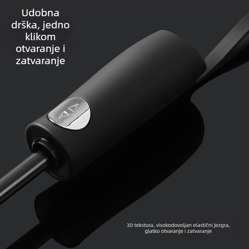 Obrnuti sklopivi kišobran s 280T tkaninom, potpuno automatsko otvaranje i zatvaranje, okvir s 10 rebara od vlakna, radijus 55–61 cm, UV zaštita UPF30+, dvostruko debeli omotač, muški poslovni kišobran