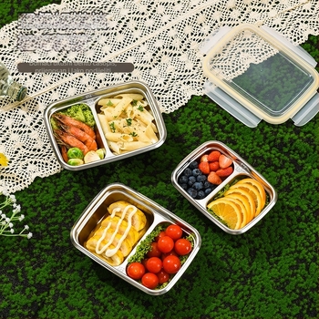 Kutija za obrok od 304 nehrđajućeg čelika, izolirana, pogodna za mikrovalnu, podijeljeni pravokutni dizajn, kapacitet 0,5–0,8 l