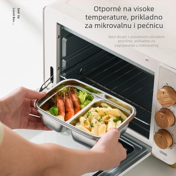 Kutija za obrok od 304 nehrđajućeg čelika, izolirana, pogodna za mikrovalnu, podijeljeni pravokutni dizajn, kapacitet 0,5–0,8 l