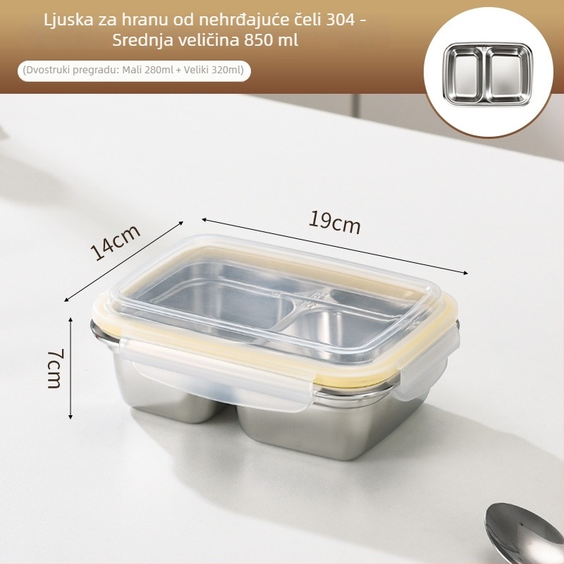 Kutija za obrok od 304 nehrđajućeg čelika, izolirana, pogodna za mikrovalnu, podijeljeni pravokutni dizajn, kapacitet 0,5–0,8 l
