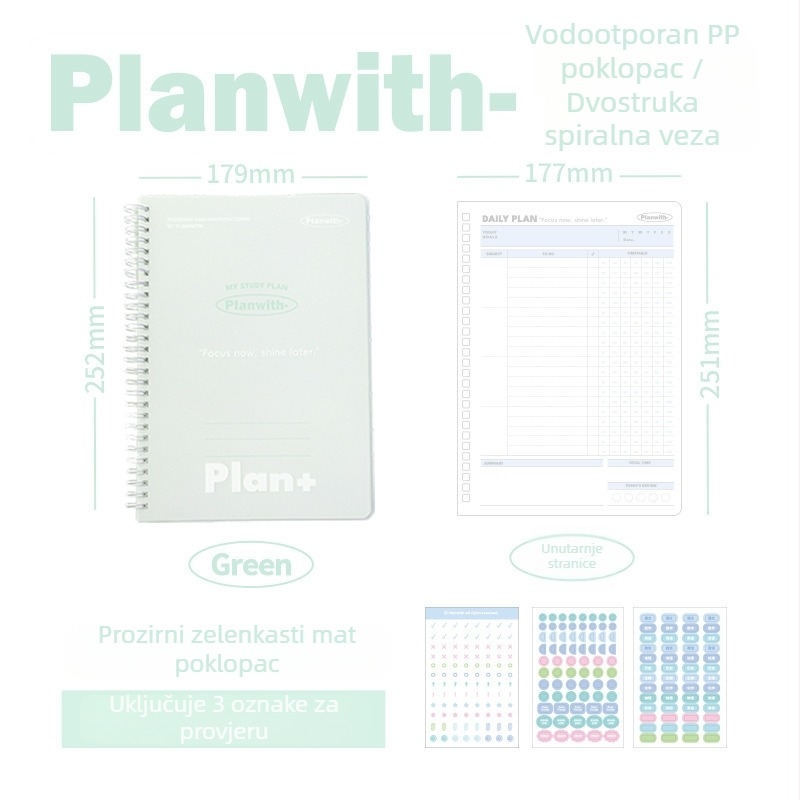Planwith bilježnica s listovima za samodisciplinu, jednostavno planiranje, PP naslovnica, šavnim vezivanjem, papir 320 g, 1–50 stranica