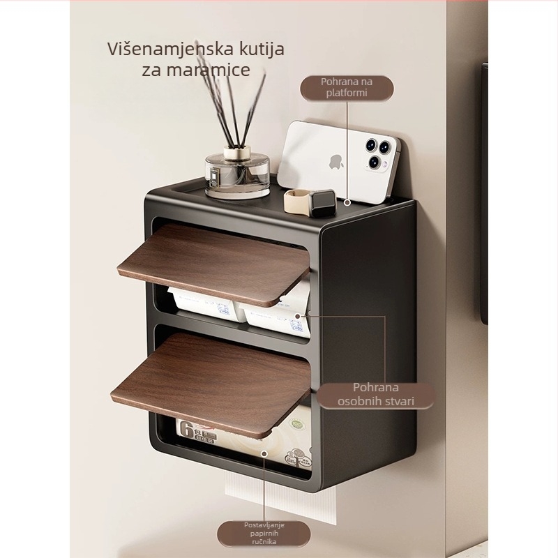 Zidna dvostruka kutija za toaletni papir s drvenim uzorkom, konstrukcija od ugljične čelika + ABS, montaža bez bušenja, vodootporna i višefunkcionalna.