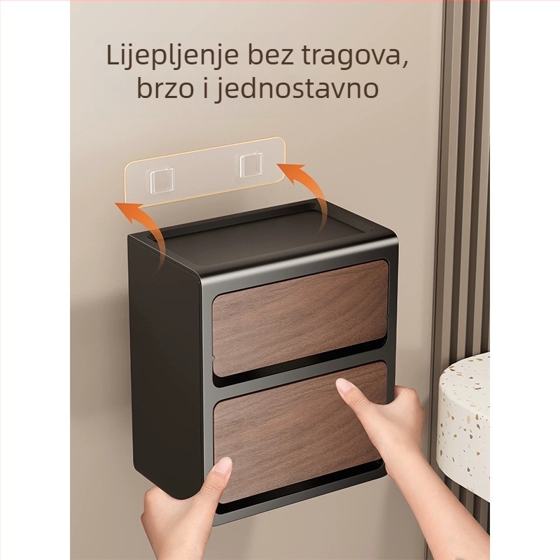 Zidna dvostruka kutija za toaletni papir s drvenim uzorkom, konstrukcija od ugljične čelika + ABS, montaža bez bušenja, vodootporna i višefunkcionalna.